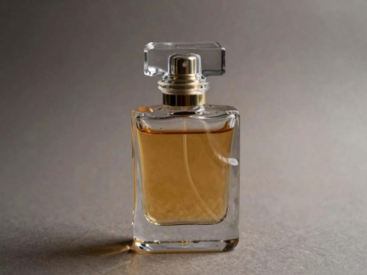 Luxury editorial macro photograph of a sculpted glass perfume bottle with amber liquid, soft directional studio light, m