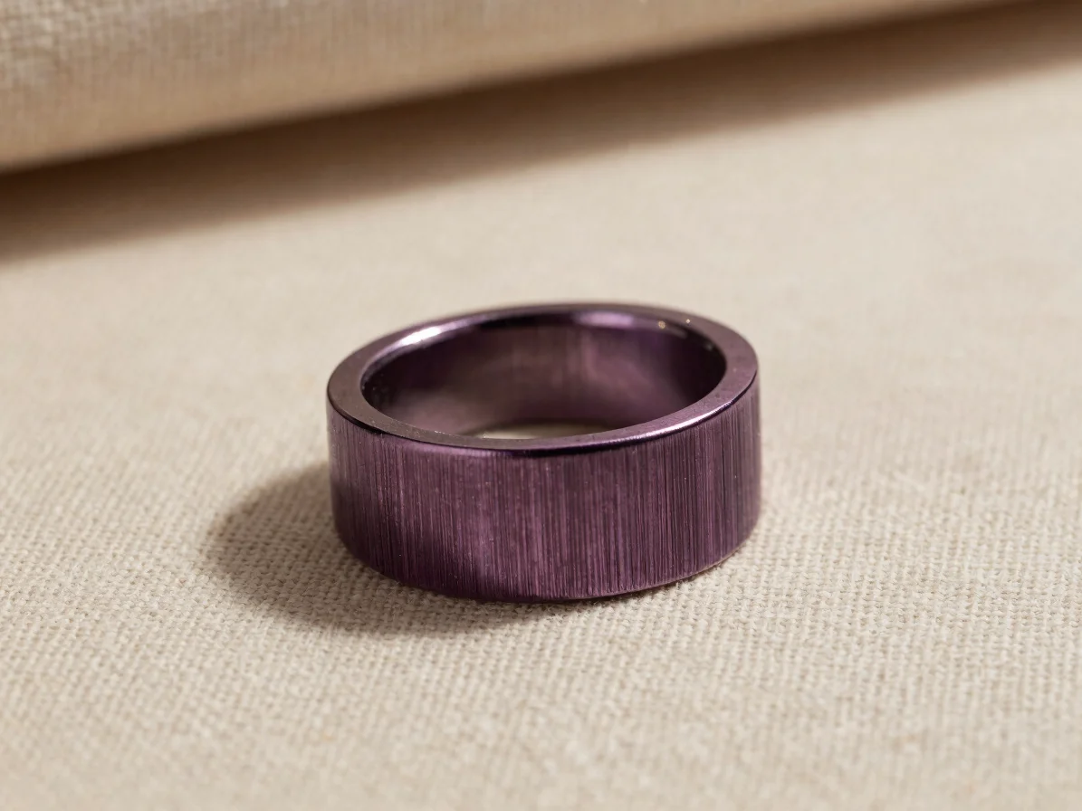 Luxury editorial macro photograph of a brushed-metal jewelry piece resting on warm ivory linen, soft directional light,
