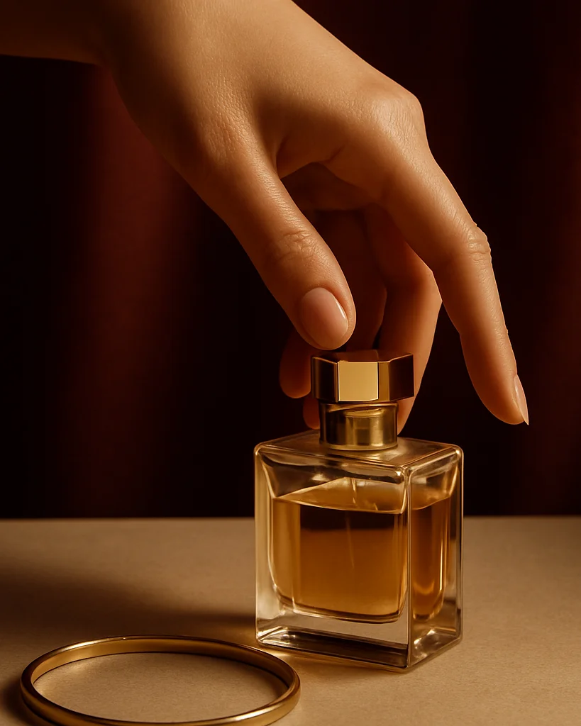 Luxury editorial macro photograph of a hand gently touching a glass perfume flacon and a fine metal bracelet, soft direc