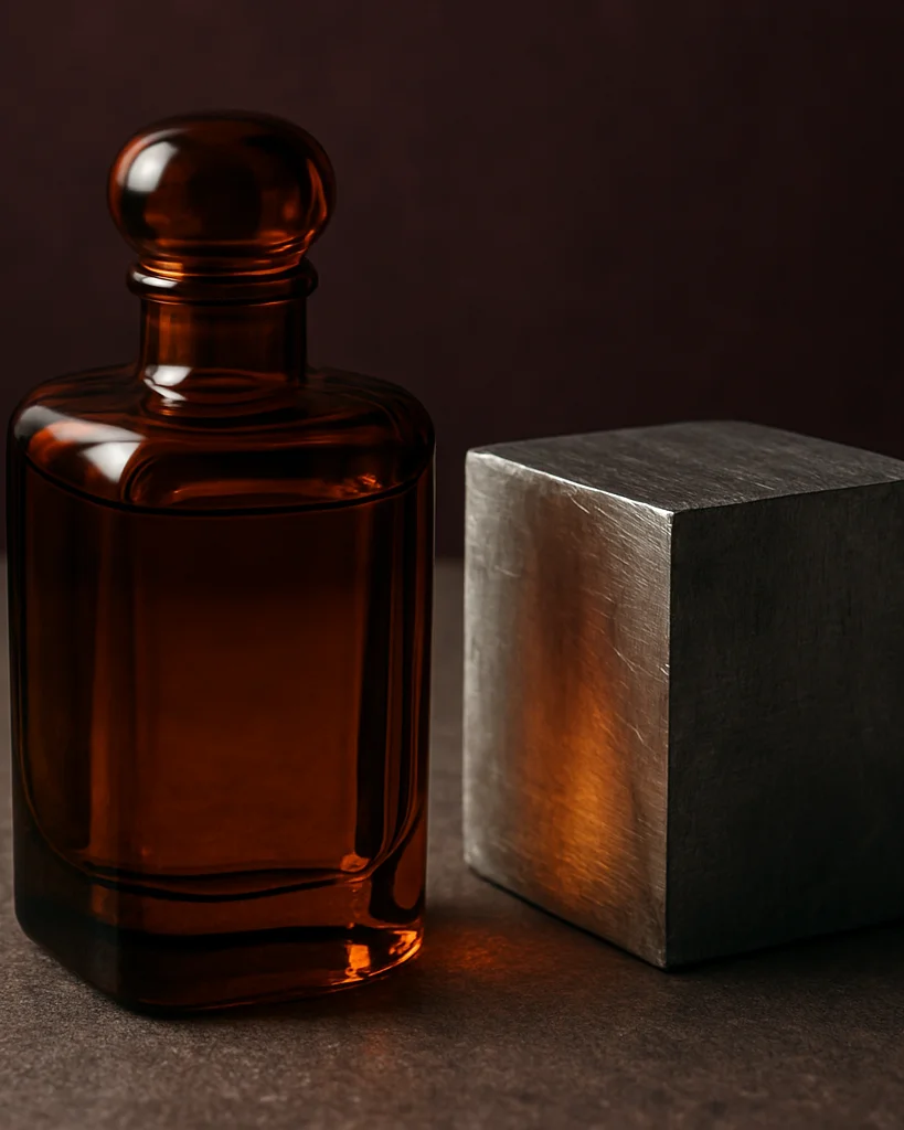 Close macro still life of an amber glass perfume flacon beside a raw brushed metal ingot, soft directional studio light,