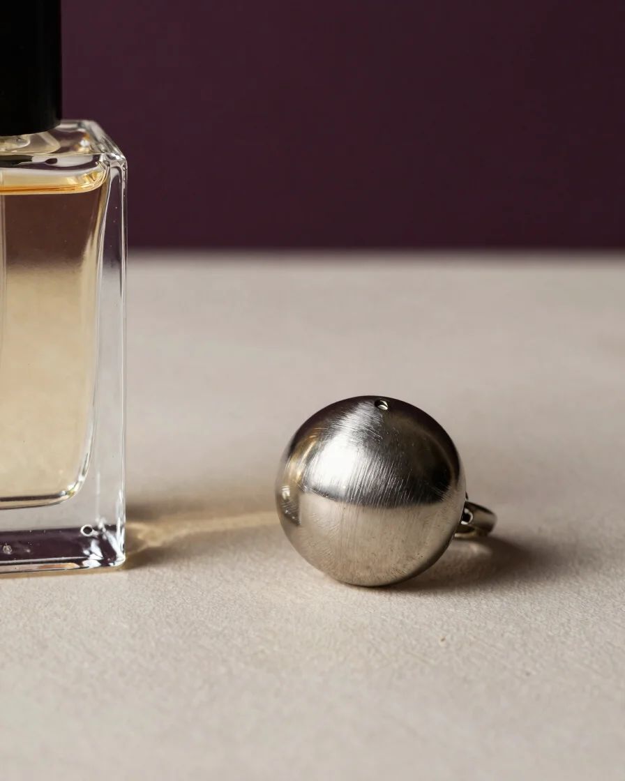 Luxury editorial product photography, macro close-up of a glass perfume flacon beside a sculpted brushed-metal jewelry p